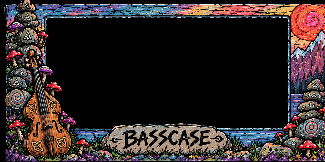 Painted Bass Case frame with mountains, mushrooms, and an upright bass